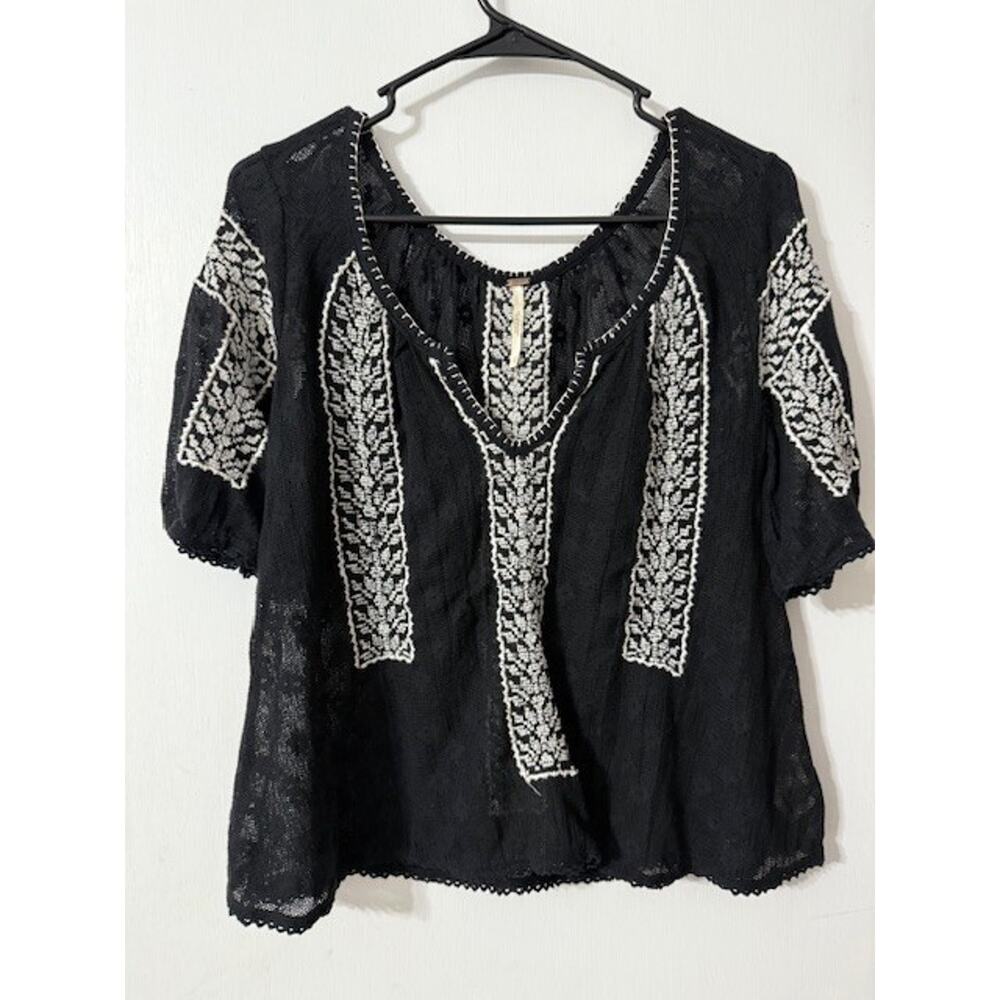 Free People Black and White Embroidered Blouse